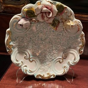 Hand painted plate with 3d flowers signed